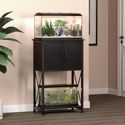 5-10 Gallon Fish Tank Stand, Metal Double Aquarium Stand with Cabinet for Fish Tank Accessories Storage, Heavy Duty 20.5" L* 11.02" W Tabletop, 500LBS Capacity Black PG06YGB