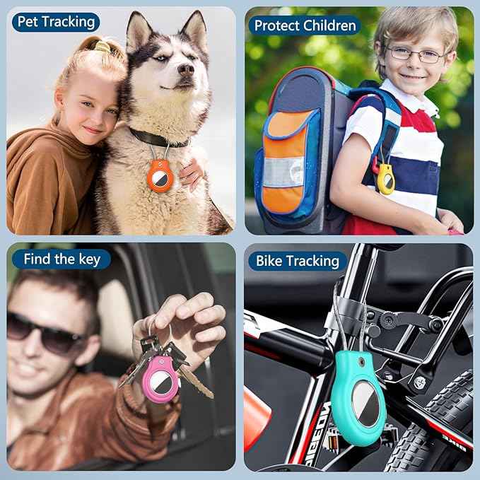 Waterproof Airtag Holder,4 Pack Airtag Case with Secure Lock,Airtags Keychain for Apple Air tag,Anti-Lost Protective Case Air tags Accessories for GPS Tracker Luggage,Key,Pet-Orange/Yellow/Green/Pink