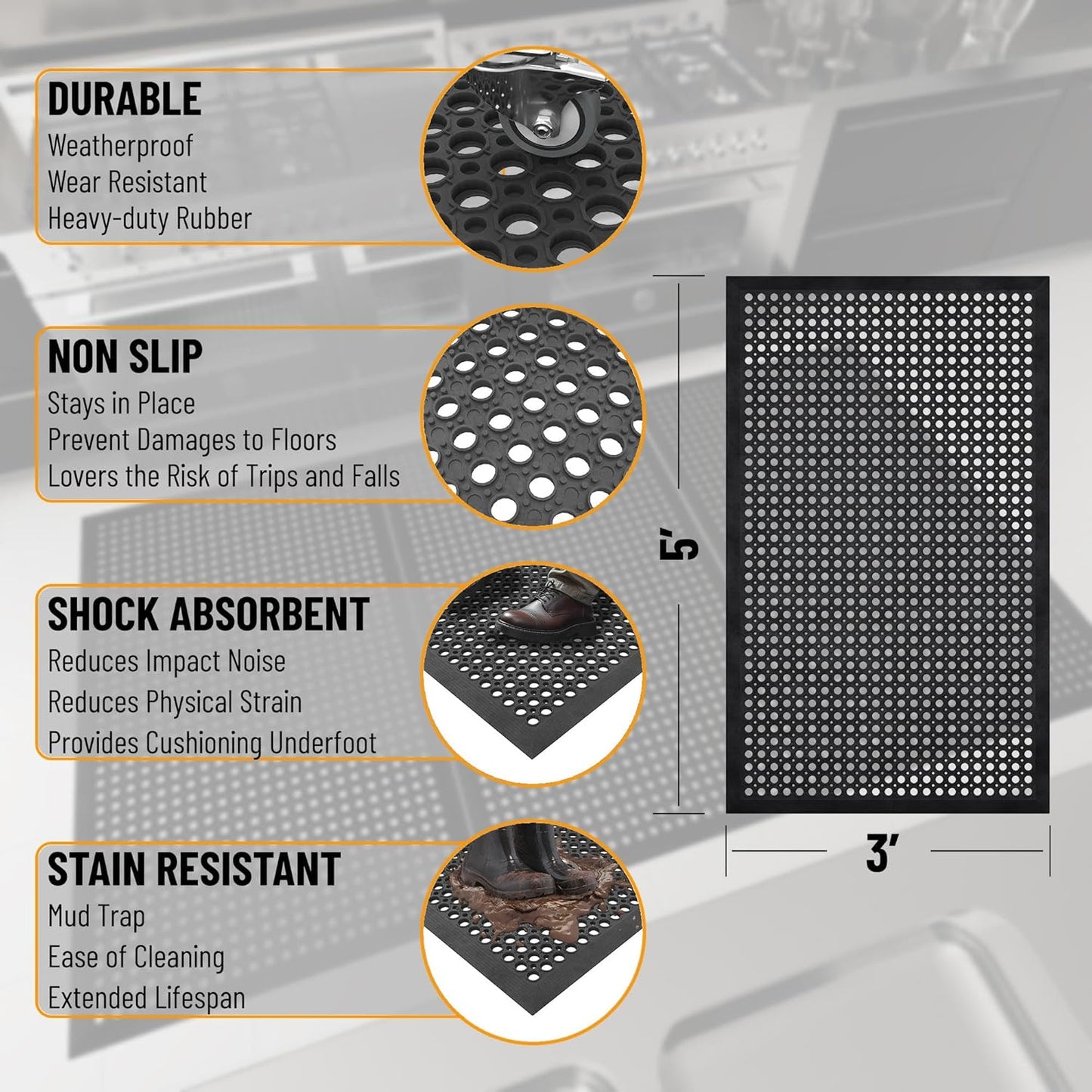 Ottomanson Heavy Duty Rubber Floor Mat – Non-Slip, Waterproof, Easy to Clean – Anti-Fatigue Mat for Commercial Kitchens, Restaurants, Workshops – Oil Resistant, Hose Washable – 36" x 60", Black