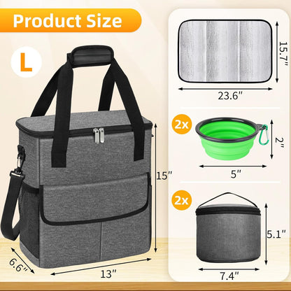 Dog Travel Bag for Camping - Weekend Pet Accessories With 2 Collapsible Bowls, 2 Food Containers, 1 Waterproof Feeding Mat - M, Grey - Pawvie
