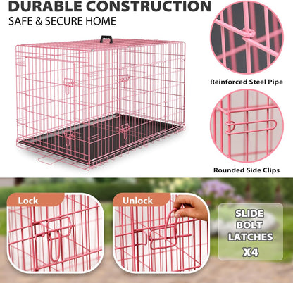 BestPet | Dog Crate | 24" | Pink | Foldable Metal Kennel with Double Doors, Secure Slide-Bolt Latches, Leakproof Tray | Portable Dog Cage for Small Breeds | for Travel, Indoor & Outdoor Use