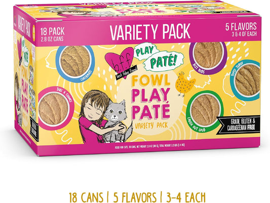 Weruva B.F.F. Play - Best Feline Friend Paté Lovers, Aw Yeah!, Fowl Play Yellow Patés Variety Pack, 2.8oz Can (Pack of 18)