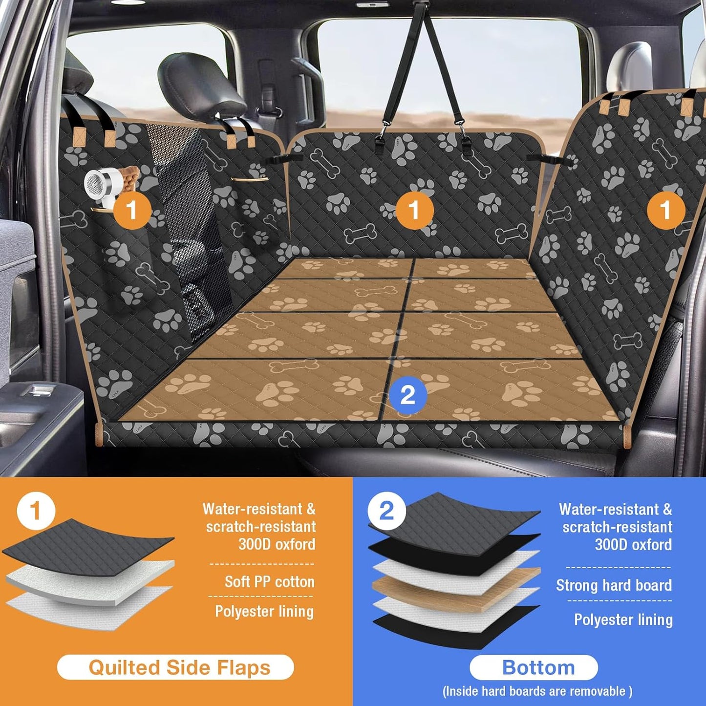 Dog Car Seat Cover for Back Seat, Larger Dog Car Bed Cover with Strong Bottom, Car Back Seat Extender Hammock for Full Size Truck/SUV Black 8 Panels Black Foot Print - Pawvie