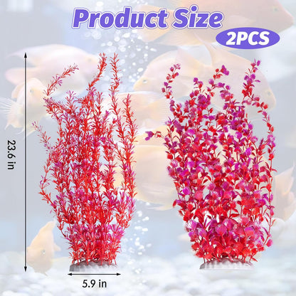 Hamiledyi Aquarium Plastic Plants Aquarium Decor Artificial Fish Tank Plants,Tall Fish Tank Decorations, Extra Large Aquarium Plant 23.6-inch Tall,2PCS（Red）