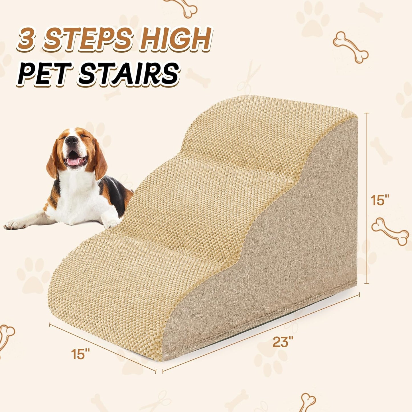 Romrol Dog Stairs Ramp for High Beds Couches, High Density Foam Pet Steps with Durable Non-Slip Waterproof Fabric Cover, Dog Stairs for Small Dogs or Cats or Pets, 3-Step,15 Inch,Beige - Pawvie