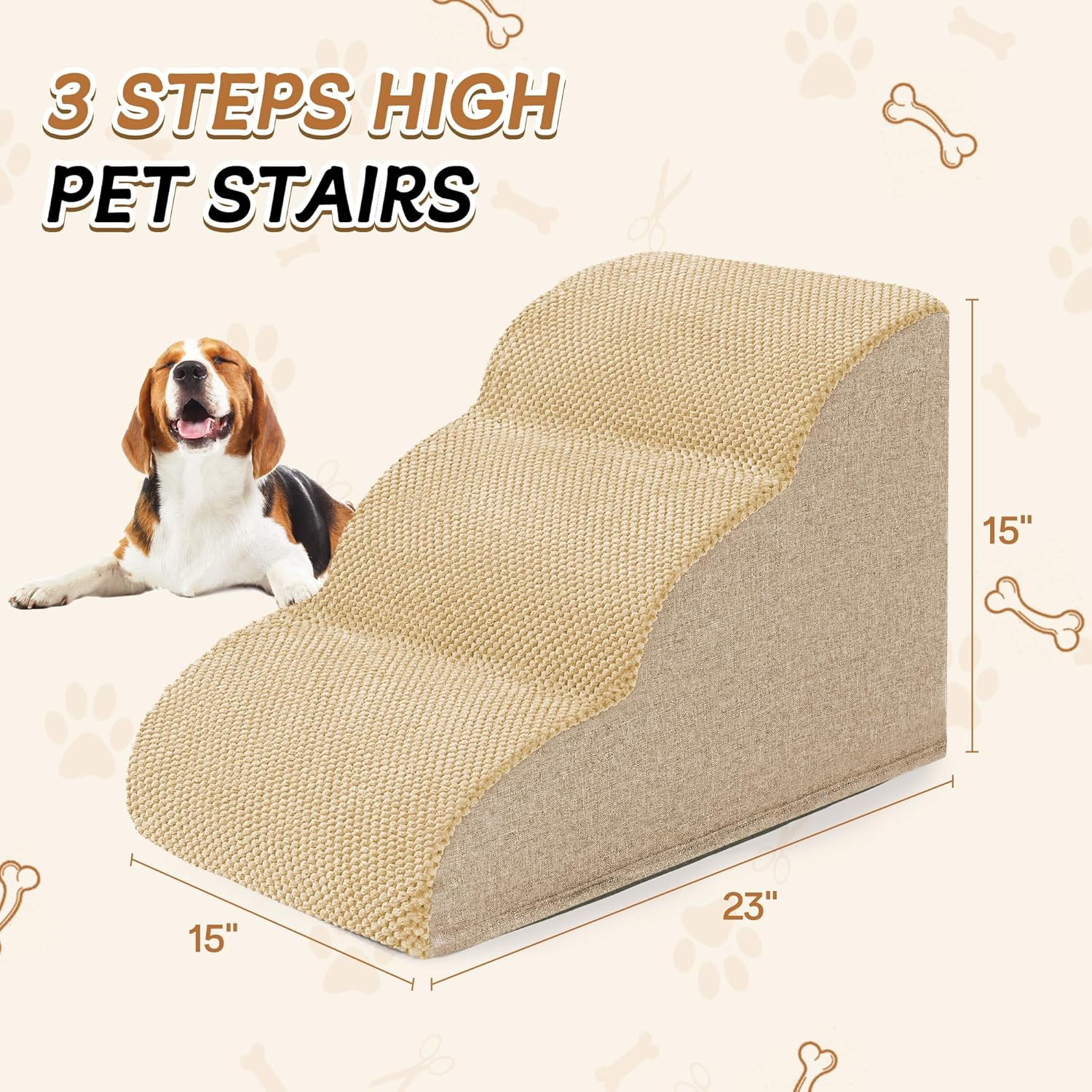 Romrol Dog Stairs Ramp for High Beds Couches, High Density Foam Pet Steps with Durable Non-Slip Waterproof Fabric Cover, Dog Stairs for Small Dogs or Cats or Pets, 3-Step,15 Inch,Beige - Pawvie