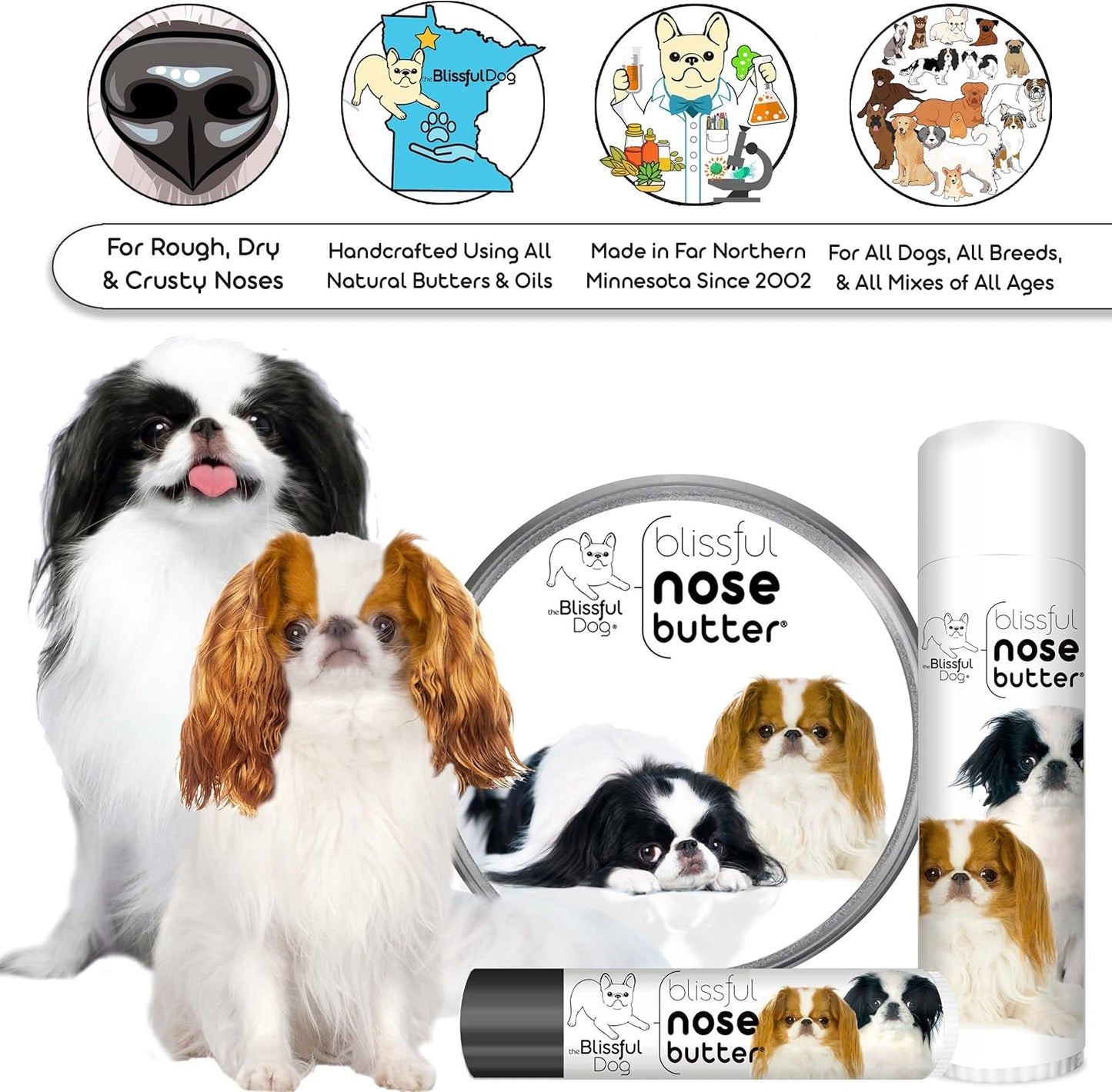 The Blissful Dog Japanese Chin Nose Butter for Dry, Cracked Skin, Lick-Safe Dog Nose Balm with Moisturizing Shea Butter, Almond, Olive, and Essential Oils, Pet Supplies, Uncented, 0.15 oz.
