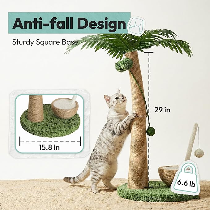 Cat Scratching Post 33 Inch Palm Tree with Hanging Balls and Coconut Straw Toy, Cat Scratcher for Indoor Kittens, Extra Stable Base, Paw-Friendly Jute Material M