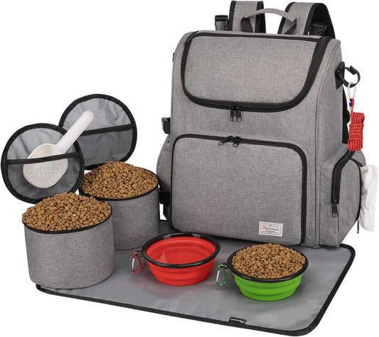 Modoker Dog Travel Bag Backpack, Airline Approved Pet Accessories Organizer for Dog and Cat with Shoulder Strap, 2 Dog Food Storage Containers, 2 Collapsible Dog Bowls,1 Pet Mat, Grey - Pawvie