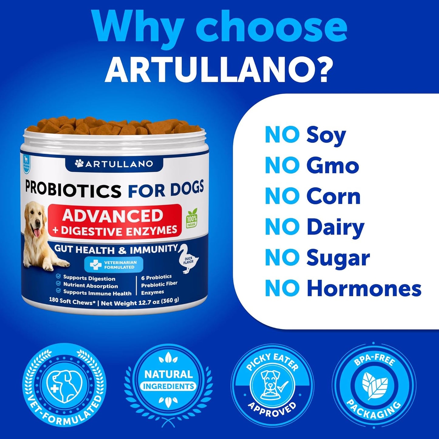 Probiotics for Dogs - Support Gut Health, Itchy Skin, Allergies, Immunity, Yeast Balance - Dog Probiotics and Digestive Enzymes with Prebiotics - Reduce Diarrhea, Gas - 180 Probiotic Chews for Dogs