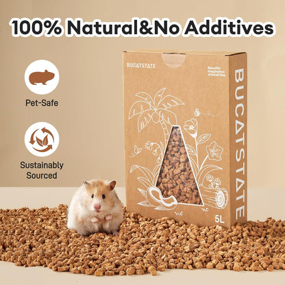 BUCATSTATE Cork Bedding 5L, Natural Hamster Bedding Odor Control for Dwarf Syrian Hamsters, Gerbils, Mice, Low-dust Hamster Substrate with Paper Hideout Box (Grain 4-5mm)