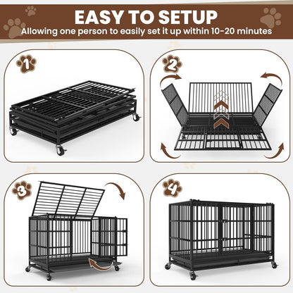 LEVELEVE 38 Inch Heavy Duty Indestructible Dog Crates for Large Dogs，Escape Proof Dog Cage Large Dogs with Lockable Wheels，Dog Kennel Furniture Indoor&Outside
