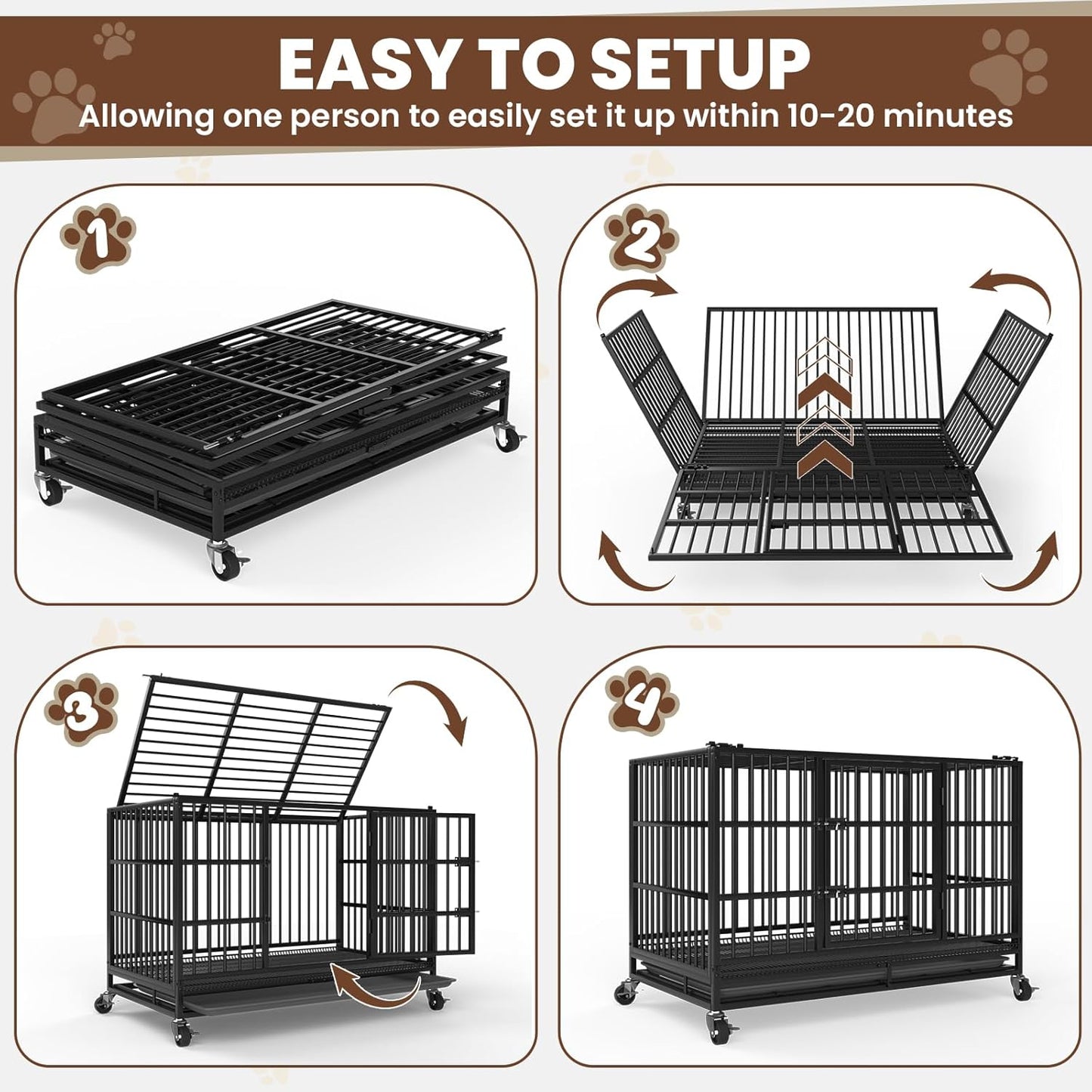 LEVELEVE 48 Inch Heavy Duty Indestructible Dog Crates for Large Dogs，Escape Proof Dog Cage Large Dogs with Lockable Wheels，Dog Kennel Furniture Indoor&Outside