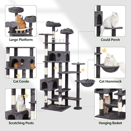 85in Giant Cat Tree for Heavy Duty Big Cats, Large Cat Trees with Scratching Post, Cat Tree Tower with Cat Condos, Hammock & Plush Perch for Maine Coon, Smoky Gray
