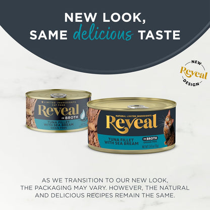Reveal Natural Wet Cat Food, 24 Count, Grain Free, Limited Ingredient Canned Food for Cats, Tuna with Sea Bream in Broth, 2.47 oz Cans
