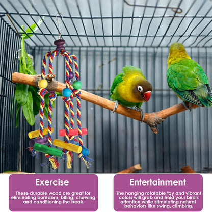 Bird Toys for Parrots Conures, Colorful Rope Bird Toys, Interactive Chewing Climbing Toy for Cockatiels, Small Birds Fun Hanging Design with Hook for Cages Relieves Boredom Encourages Behavior