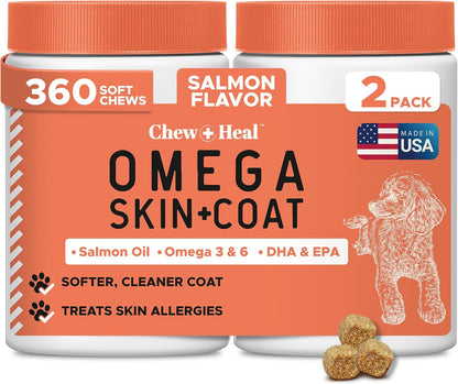 Fish Oil Omega 3 Supplements for Dogs -360 Soft Chew Treats for Skin and Coat -Salmon Oil Blend of Fatty Acids, Omega 3, 6, Vitamins, Antioxidants -Made in USA (2 Packs of 180, Salmon Flavor)
