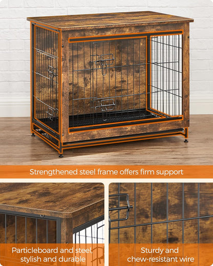 Feandrea Dog Crate Furniture, 27.2" Side End Table, Modern Kennel for Dogs Indoor up to 30 lb, Heavy-Duty Dog Cage with Multi-Purpose Removable Tray, Double-Door Dog House, Rustic Brown UPFC001X01
