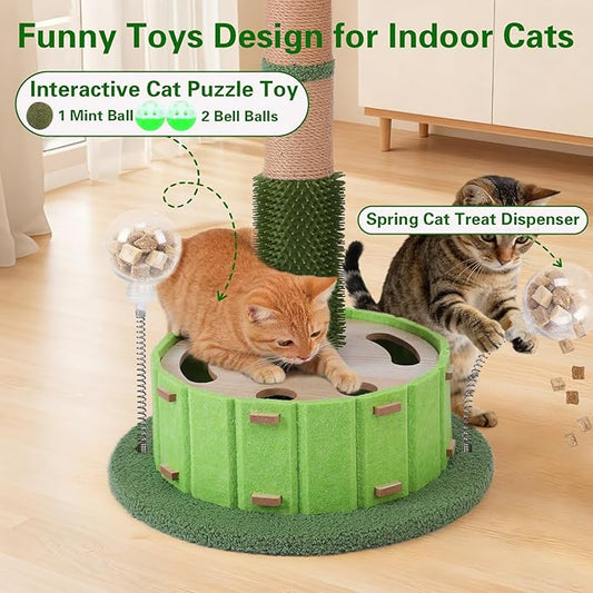 40" Tall Cat Scratching Post, Scratching Posts for Indoor Cats Adults and Kittens with Rotating Hanging Ball, Interactive Cat Puzzle Toy and Spring Cat Treat Dispenser, Palm Tree Scratch Post for Cats