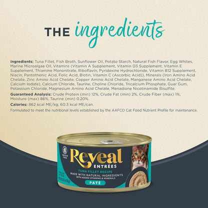 Reveal Entrées Natural Wet Cat Food Paté, Grain-Free with Added Vitamins & Minerals, Carrageenan-Free Tuna Fillet Paté Recipe (24 x 2.47 oz Cans)