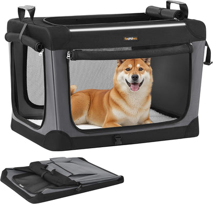 Feandrea Collapsible Dog Crate, 30-Inch Portable Dog Travel Crate for Medium Dogs, Oxford Fabric Pet Carrier with 4 Mesh Doors, Handles, Storage Pocket, Water Bottle Holder, Ink Black UPDC017B01