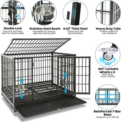 48 Inch Heavy Duty Dog Crate, Indestructible Escape Proof Big Cage for High Anxiety Large Dogs, Stackable & Collapsible XL Dog Kennel Indoor with Wheels,Dual Trays,Adjustable Bowl,Top Access