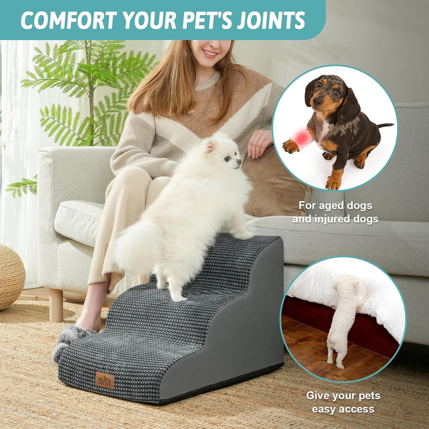 Dog Stairs for Small Dogs 15.7" H, Curved Dog Step for Puppy, Older Cat, Medium Pet Ramp for Sofa, Couch or Chair, Ladder with High Density Foam, 15.7x22.4x15.7 inch, 3 Step, Dark Grey - Pawvie