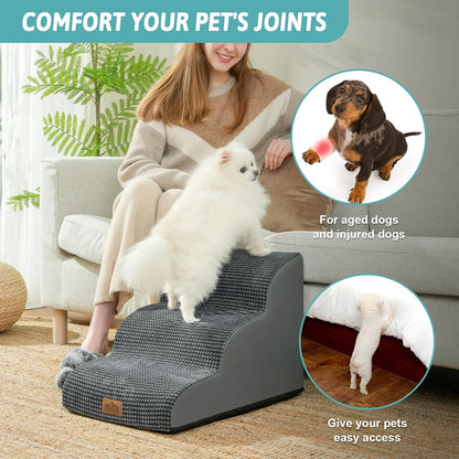 Dog Stairs for Small Dogs 15.7" H, Curved Dog Step for Puppy, Older Cat, Medium Pet Ramp for Sofa, Couch or Chair, Ladder with High Density Foam, 15.7x22.4x15.7 inch, 3 Step, Dark Grey - Pawvie