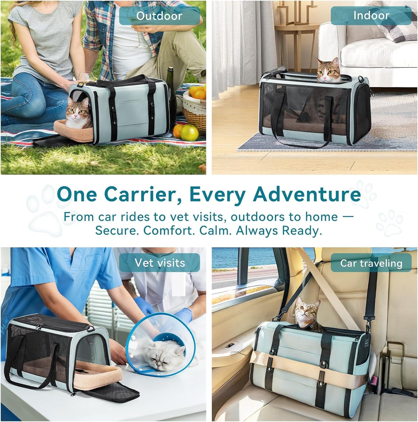 PETSFIT Soft-Sided Cat Carriers & Car Seats with Patent Safe Buckles, Clip-On Harness，18"x11"x11" Airline Approved Pet Carrier - 9 lbs Capacity (Cyan Blue)