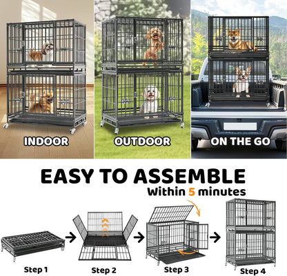 Homey Pet 37 Inch Stackable Heavy Duty Dog Crate Cage Kennel with Feeding Bowls, Lockable Wheels and Removable Tray, Escape Proof Wire Drop Dog Crates for Medium Dogs (Two Tiers)