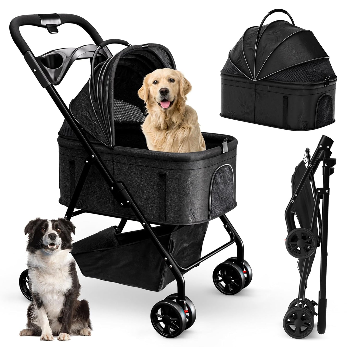 Pet Stroller 3 in 1 Foldable Dog Stroller, Cat Strollers, Foldable pet Strollers & Cat Carrier, Pet Carrier, Lightweight with Cup Holder, Waterproof Max Load 66 lbs, Breathable Mesh Canopy - Pawvie
