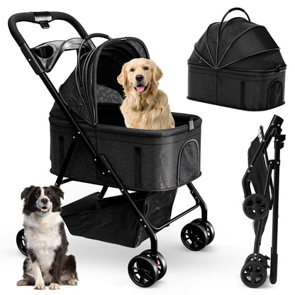 Pet Stroller 3 in 1 Foldable Dog Stroller, Cat Strollers, Foldable pet Strollers & Cat Carrier, Pet Carrier, Lightweight with Cup Holder, Waterproof Max Load 66 lbs, Breathable Mesh Canopy - Pawvie