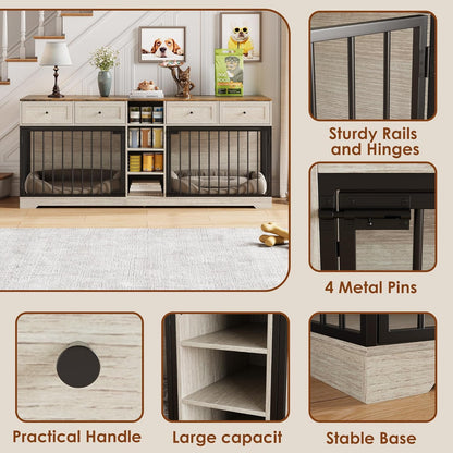 GarveeHome 82" Double Dog Crate Furniture, Large Dog Kennel Indoor for 2 Dogs, Heavy Duty Wooden Dog Crate TV Stand with 4 Drawers and Shelves, Washed White