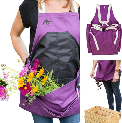Roo Gardening Apron with Pockets & Harvesting, Picking Pouch - Adjustable, Water-resistant, Washable Canvas Cotton