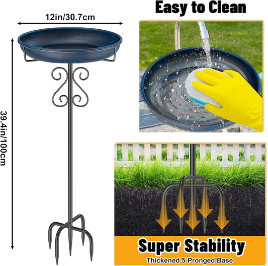 Metal Bird Bath for Outside,Bird Baths Feeder Bowl with 5 Prongs Base Stake,Freestanding BirdBaths for Outdoors Garden Patio Yard Lawn Decor (Vintage Blue)