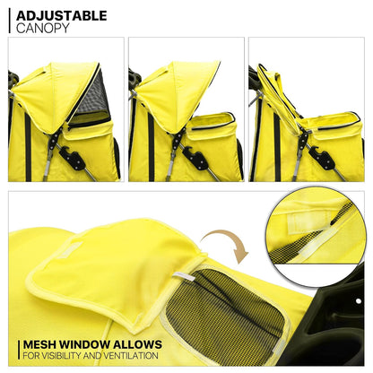 MoNiBloom Foldable Pet Stroller with Waterproof Cover, 3-Wheels Dog Strolling Cart for Small/Medium Dogs and Cats with Storage Basket and Cup Holder, Breathable and Visible Mesh for All-Season, Yellow - Pawvie