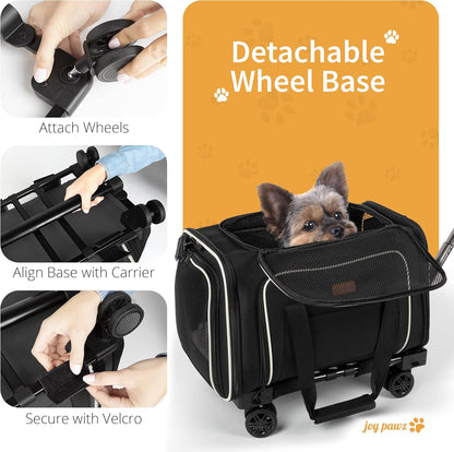 Pet Carrier for Travel - Small Dogs/Cats - 15 LBS MAX Dogs/Cats Expandable - Airline Approved & Roomy - Premium Pets Carrier with Wheels - Cozy Soft-Lined Travel Carrier - Stylish Black Design