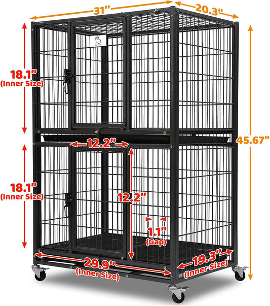 Homey Pet 31 Inch Stackable Heavy Duty Dog Crate Cage Kennel with Four Lockable Wheels, Removable Tray, Escape Proof Wire Drop Dog Crates for Small Dogs (Two Tiers)