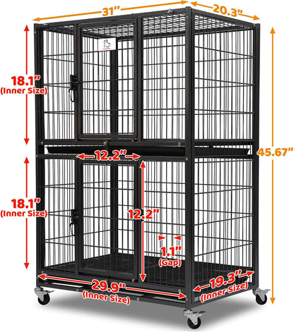 Homey Pet 31 Inch Stackable Heavy Duty Dog Crate Cage Kennel with Four Lockable Wheels, Removable Tray, Escape Proof Wire Drop Dog Crates for Small Dogs (Two Tiers)