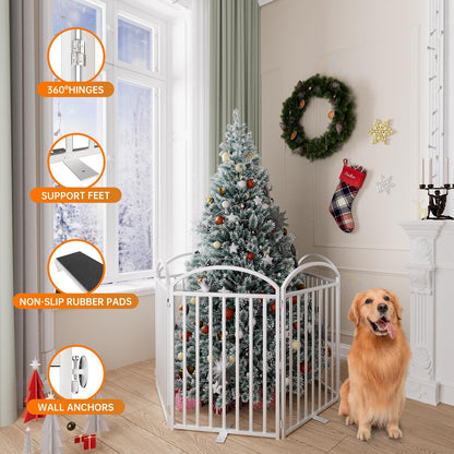 6 Panles Full Matel Freestanding Dog Gates with Door, 144"Extra Wide 32"Tall Free Standing Dog Pet Gate for Indoor & Outdoor. Foldable Pet Fences for Doorways, House, Stairs, Porch, Deck, Yard