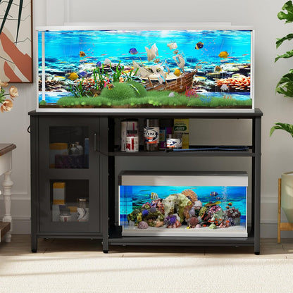55-75 Gallon Fish Tank Stand , Aquarium Stand with Cabinet & Power Outlets for Fish Tank Accessories Storage, Heavy Duty Metal Terrarium Stand, 52" L*19" W Tabletop, 1200LBS Capacity, Black