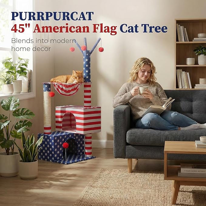 American Flag Cat Tree for Kittens & Senior Cats, 45” Stable Cat Tower Corner Fit, Patriotic Star & Stripes Cat House for Small Spaces with 2 Condos, Hammock & Reinforced Scratching Posts