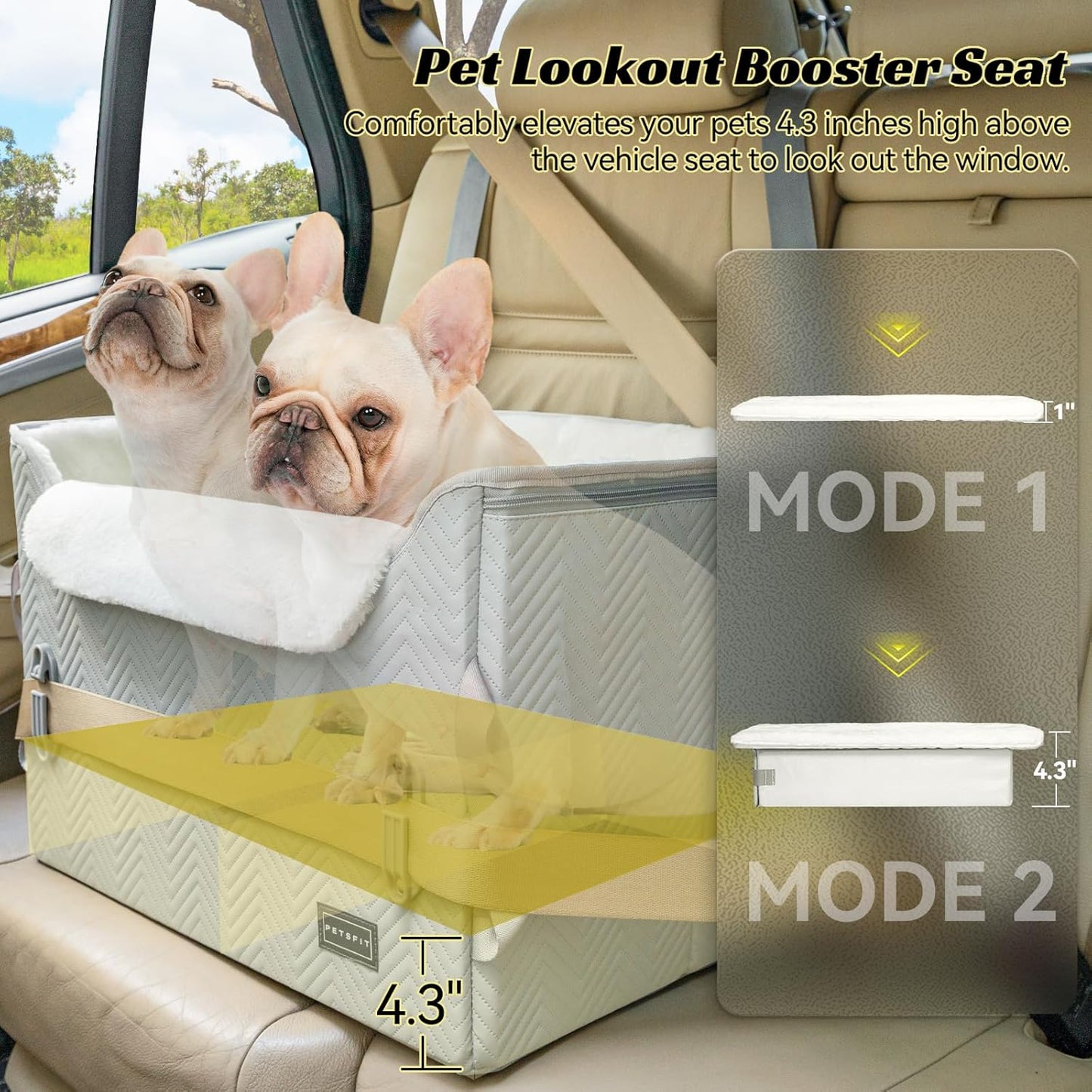 PETSFIT Dog Booster Car Seat, Waterproof PU Leather Car Seat for Dogs with Patented Safe Buckles, 2 Clip-On Safety Leashes, Suitable for 2 Small Dogs or a Medium Dog (Medium, Grey) - Pawvie