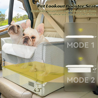 PETSFIT Dog Booster Car Seat, Waterproof PU Leather Car Seat for Dogs with Patented Safe Buckles, 2 Clip-On Safety Leashes, Suitable for 2 Small Dogs or a Medium Dog (Medium, Grey) - Pawvie