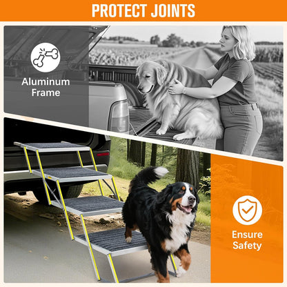 Reflective 20" Wide Dog Car Ramp, 4-Step Aluminum Stairs with Non-Slip Carpet - Foldable Design for Trucks/SUVs/Beds - Heavy Duty 200Lbs Capacity for Large Breeds - Pawvie