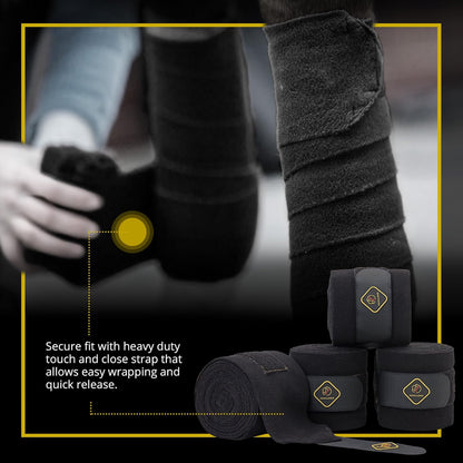 Kavallerie Elastic Fleece Bandages for Horses, Non- Slip and Snug fit Breathable Material for Injury Protection and Superior Legs Support, Stocking up Solution - Black - (2 Units Per Pack)