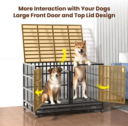 48 Inch Heavy Duty Indestructible Double Dog Crate Steel Escape Proof,Indoor Three Doors Cage,Kennel with Wheels,Removable Tray and Baffle