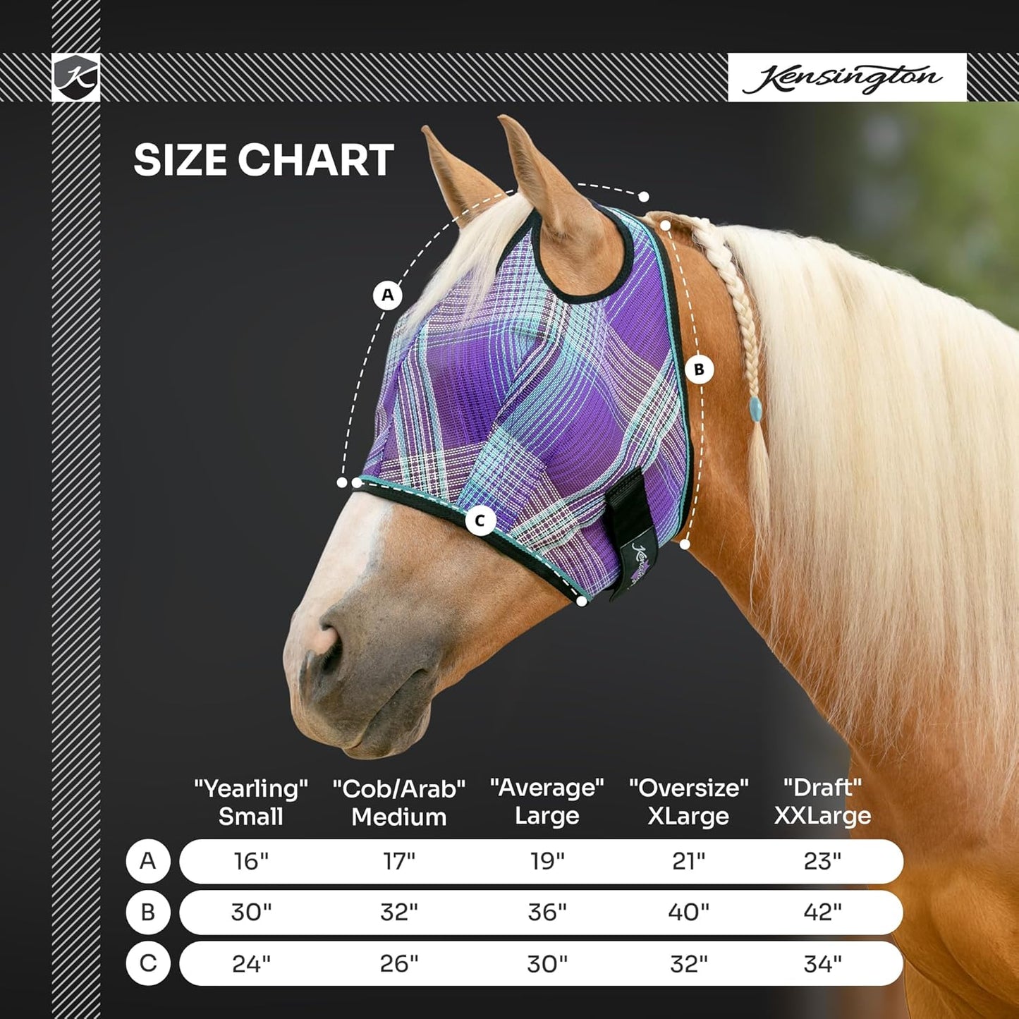Kensington UV Horse Fly Mask with Web Trim - Protective Mask with Dual Ear Opening & Forelock Freedom - Large, Lavender Mint