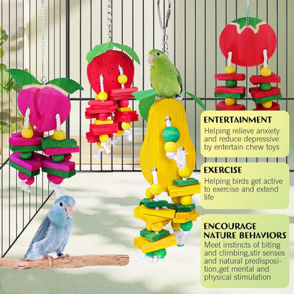 Hamiledyi Natural Wood Block Bird Cage Toys Parrot Chewing Toy Tomato&Peach&Pear&Strawberry Shaped Hanging Foraging Toy for Small&Medium Birds Parakeets Cockatiels,4pcs