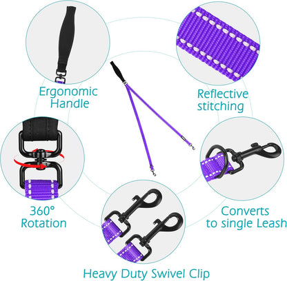 PetBonus Two Point Control Dog Leash, Works with No Pull Harnesses, No Tangle Dog Training Leashes, No Pull Padded and Reflective Walking Lead, Converts to Single Leash for Medium Large Dogs (Purple)